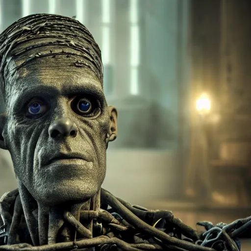 Prompt: a frankenstein monster made out of machine parts, 8 k, shallow depth of field, 8 k, ultra high detail, concept art, w 1 0 2 4