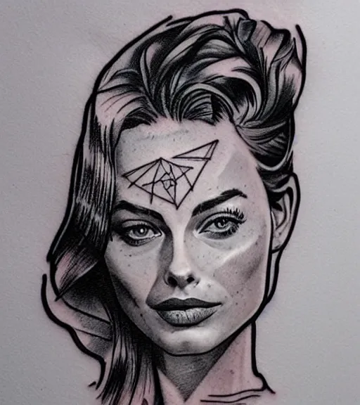 Prompt: mash up tattoo design sketch of margot robbie and beautiful mountain scenery, in the style of arlo dicristina, surrealist, amazing detail, sharp