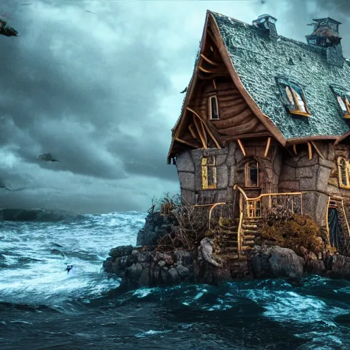 Image similar to a witches house on the ocean, epic scene, fantasy, redshift render, cgi, hyper - detailed, photo - bash, 8 k post - production, masterpiece