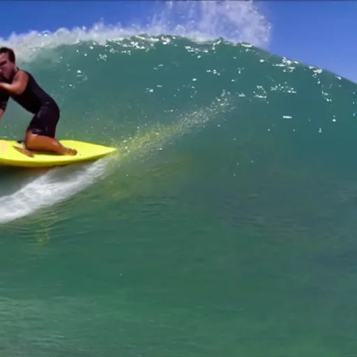 Prompt: go pro footage of spongebob surfing in miami