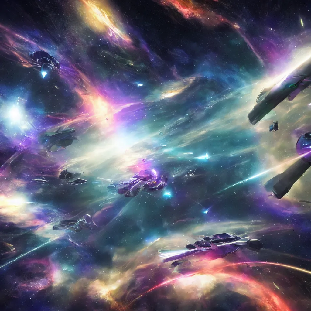 Prompt: galactic space fleet flying into a warp portal, 8 k resolution