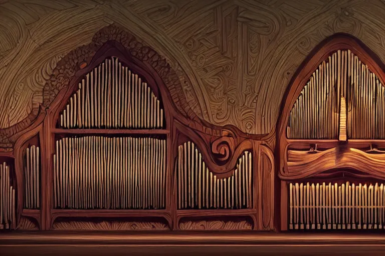 Prompt: A cell animation of a magical pipe organ made of wood, Miyazaki Hayao, ghibli style, illustration, anime, trending on artstaion