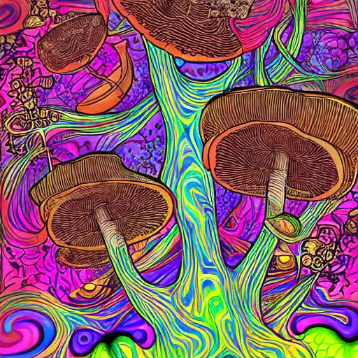 Prompt: psychedelic forest with large mushrooms, mystical, digital art, rich colors, elegant, shaman n - 9