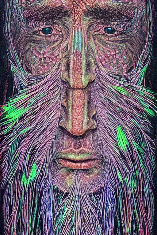 Prompt: beautiful dark portrait of one Bioluminescent old shaman, with cracked fractal semi-transparent skin. multicolored fish scales, closeup. long hair full of insects and plant leaves. at night, realistic. intricate, very detailed, by alex grey and Moebius