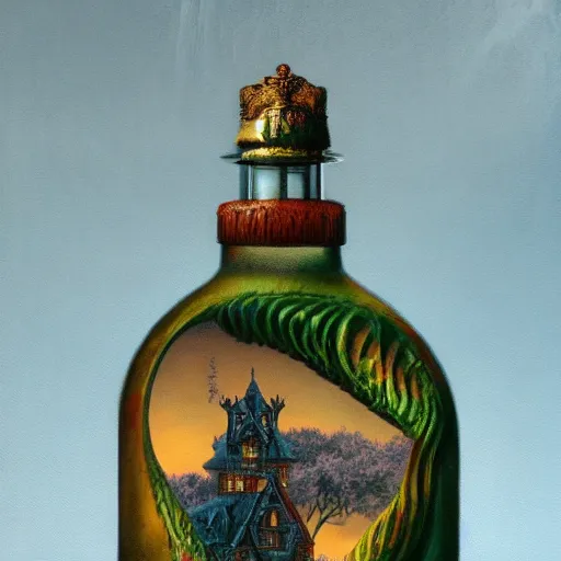 Prompt: a beautiful 🏰 contained inside an ornate vintage bottle by charles vess, studio ghibli & james gurney, artstation, 8 k, beautiful light, hyperrealism, studio photography