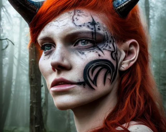Image similar to 5 5 mm portrait photo of an armored redhead woman warrior with a face tattoo and horns growing from her head, in a magical forest. by luis royo. highly detailed 8 k. intricate. lifelike. soft light. nikon d 8 5 0. cinematic post - processing