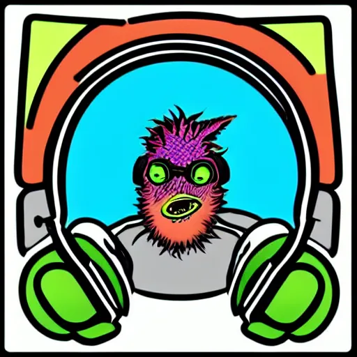 Image similar to svg sticker of a Pop-Wonder Alien-Bog-Monster-Swamp-Rat-Thunder-Coot-Racing-Fan at a rave, spinning records, giant headphones rocking out, wearing headphones, huge speakers, dancing, rave, DJ, spinning records, digital art, amazing composition, rule-of-thirds, award-winning, trending on artstation, featured on deviantart