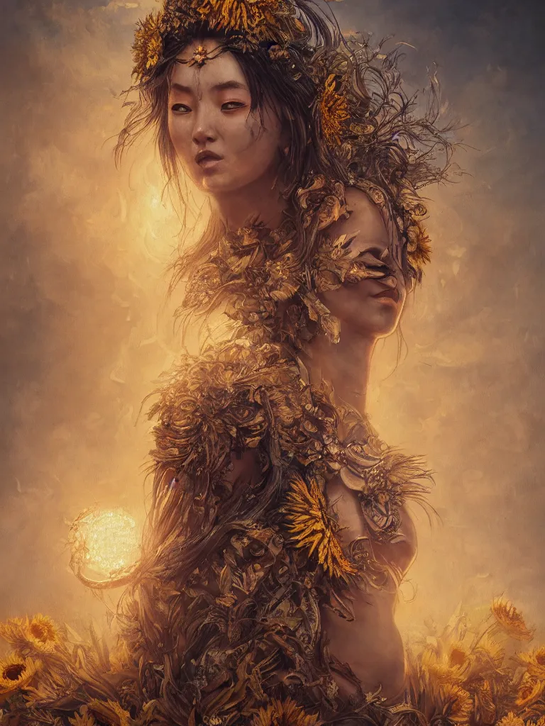 Image similar to a fancy portrait of the goddess of sunflowers, a beautiful mongolian female deity by Greg Rutkowski, Sung Choi, Mitchell Mohrhauser, Maciej Kuciara, Johnson Ting, Maxim Verehin, Peter Konig, Bloodborne, macro lens, 35mm, 8k photorealistic, cinematic lighting, HD, high details, atmospheric