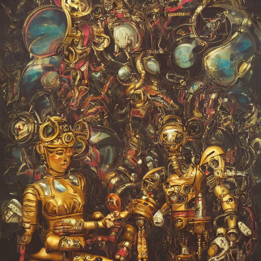 Prompt: a baroque portrait painting of a retrofuturistic robot wearing an intense tribal mask surrounded by fantasy fairies. pulp sci - fi art for omni magazine. high contrast. dark background. baroque period, oil on canvas. renaissance masterpiece. muted colors, soft gradients. trending on artstation. retrofuturism.