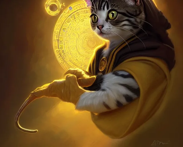 Image similar to a mind - blowing portrait of a cat wizard, yellow wizard hat, anthropomorphic, deep focus, d & d, fantasy, intricate, elegant, highly detailed, digital painting, artstation, concept art, matte, sharp, illustration, hearthstone, art by artgerm and greg rutkowski and alphonse mucha