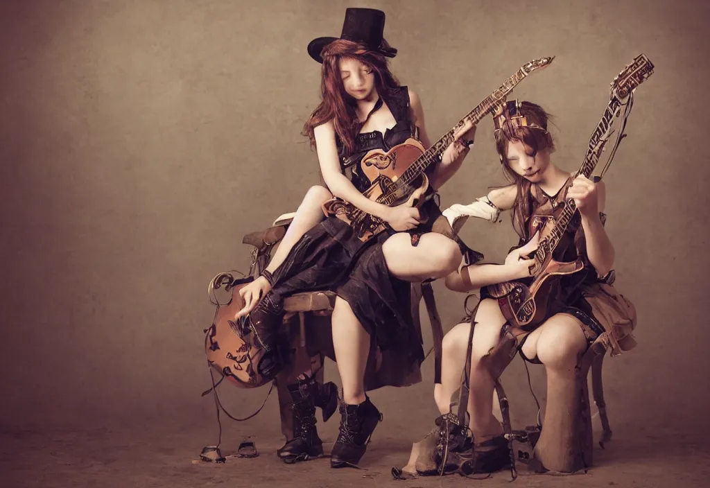 Image similar to girl playing guitar, steampunk, still, photoreal, gallery