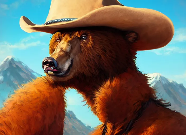 Image similar to character portrait feature of the anthro male anthropomorphic kamchatka brown bear fursona wearing cowboy outfit wild west desperado character design stylized by charlie bowater, ross tran, artgerm, and makoto shinkai, detailed, soft lighting, rendered in octane