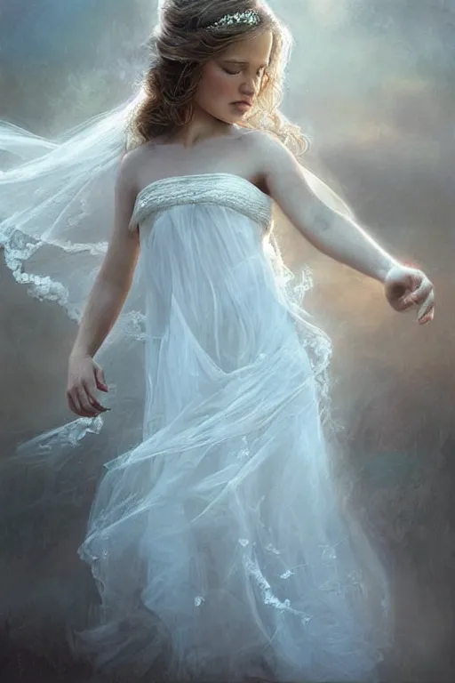 Image similar to very beautiful little girl dancing in the wind, ultradetailed, beautiful face, ethereal, bride, beautiful wedding dress, gorgeous, volumetric lighting, elegant, digital painting, concept art, illustration, limited color palette, atmosphere and tension, art by greg olsen and liz lemon swindle