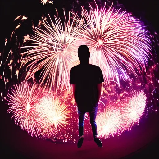 Image similar to a fireworks / human hybrid, fisheye photo