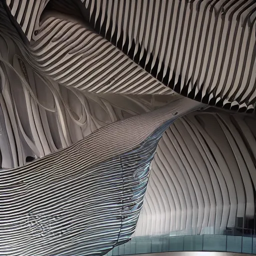 Image similar to stunning beautiful futuristic museum interior by Zaha Hadid, smooth curvilinear dragonfly wings pattern