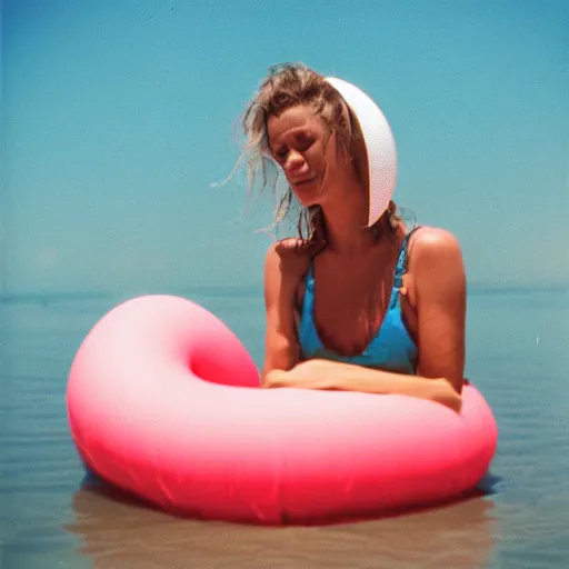 Image similar to A sad woman wearing an inflatable smiley to the beach, 1980, color film expired film, aged photo