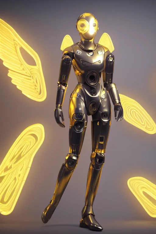 Prompt: maria of metropolis, humanoid robot, golden full body armor, deployed wings, beautiful helmet in the shape of a face, glowing yellow eyes, scifi, futuristic, raytracing, glowwave, sharp focus, cinematic lighting, artstation, divine, unreal engine 5 rendered, by fritz lang, art style by pixar warner bros dreamworks disney riot games and overwatch