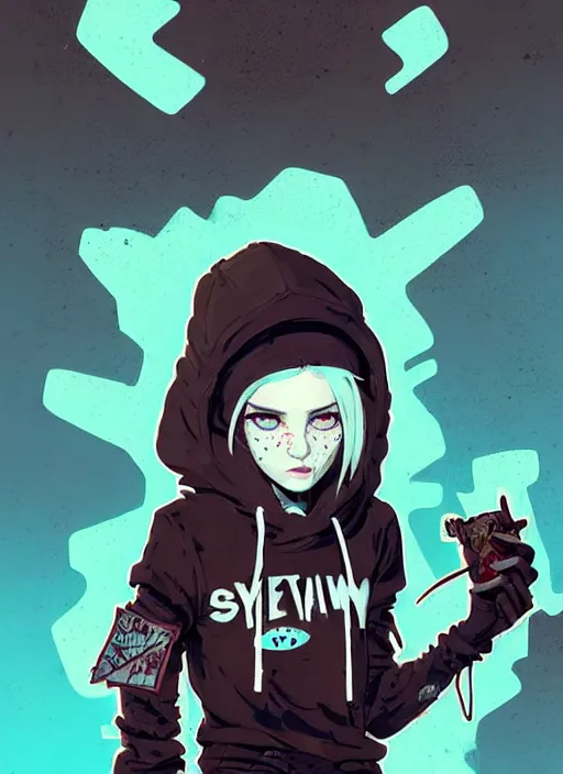 Image similar to highly detailed portrait of a sewer punk lady student, blue eyes, patchwork hoodie, white hair by atey ghailan, by greg rutkowski, by greg tocchini, by james gilleard, by joe fenton, by kaethe butcher, gradient blue, black, brown and cyan color scheme, grunge aesthetic!!! ( ( graffiti tag wall background ) )