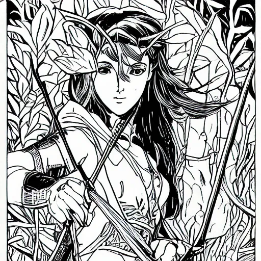 Image similar to female elven archer in forest, symmetric, detaoled portrait, half-tones, manga line art style, by Eiichiro Oda