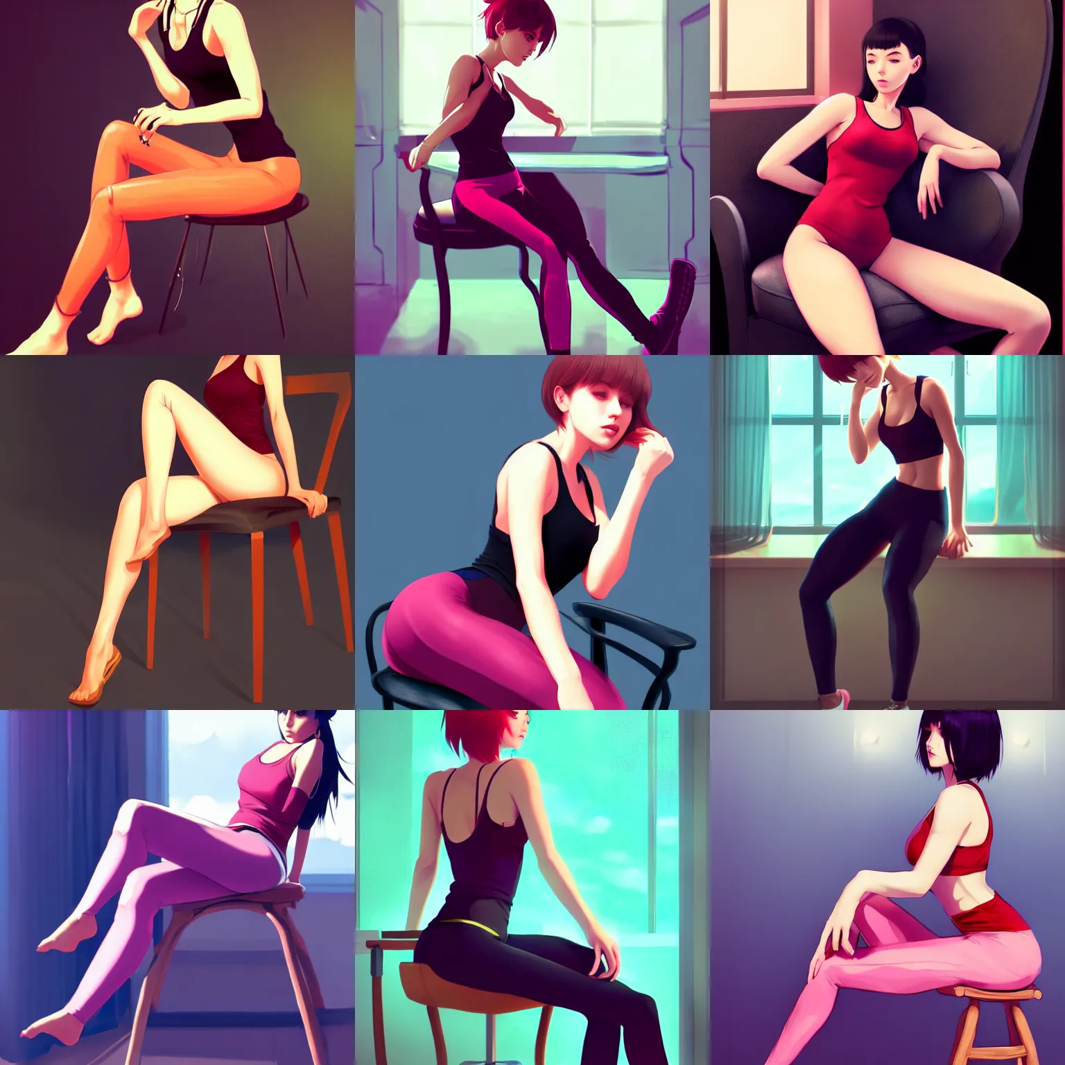 Prompt: gorgeous woman with low-cut tank top and leggings sitting seductively on a chair, high definition art in the style of Ross Tran and Ilya Kuvshinov, stunning view of her longing desire, artstation