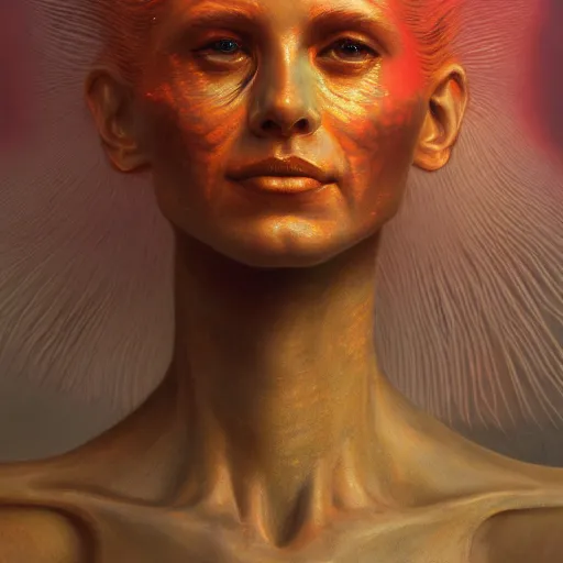 Image similar to A stunning portrait of a goddess, her body made of flames, by Wayne Barlowe, 8K UHD, intricate, fantasy, Trending on artstation.