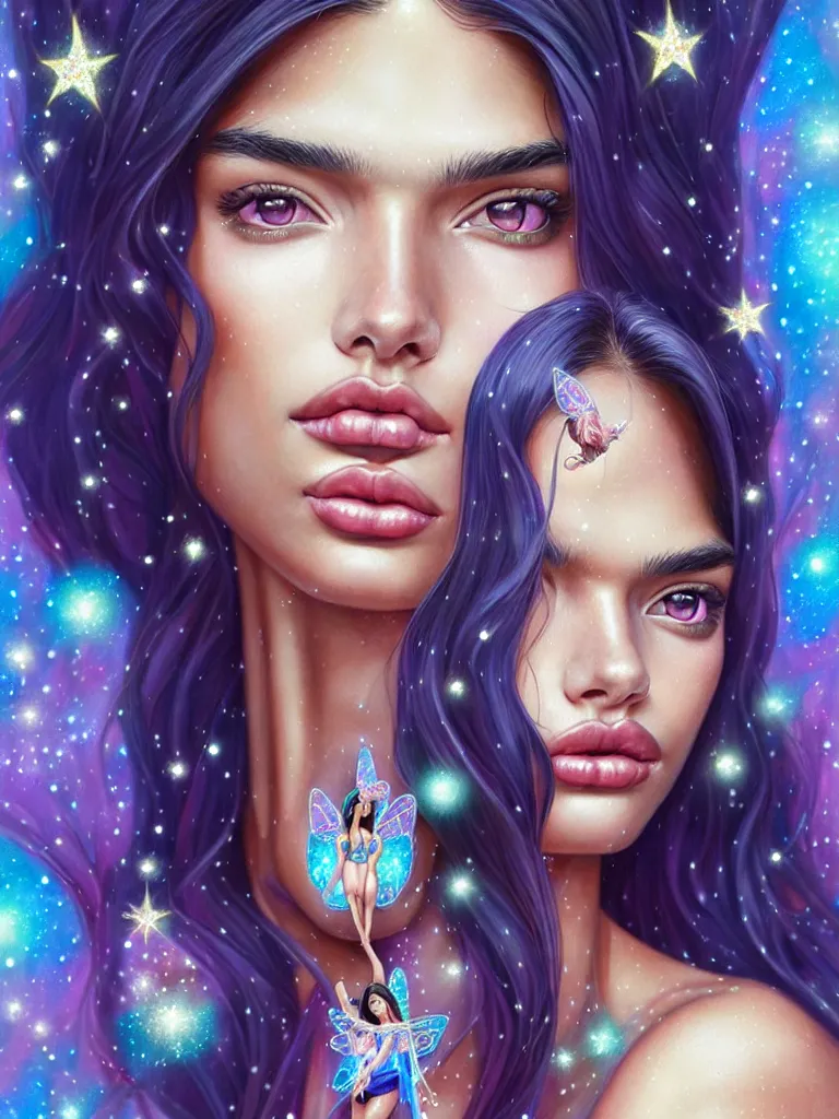 Image similar to fantastic portrait of sara sampaio with some shinny star, cloak, royally decorated crystal gemstones, symmetrical face, 3 d render, portrait, cute, fairy, by artgerm, kelly mckernan, detailed background, artstation, intricate, elegant, highly detailed, colorful, maximalist