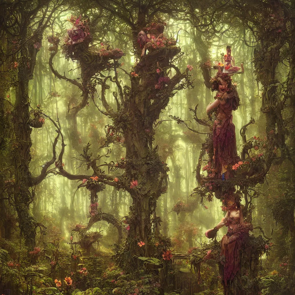 Prompt: a grinning trippy cat, center focused, matte painting, lush fairy forest, neon, concept art, schematics, gnarly details painted by tom bagshaw, norman rockwell, mucha, james gurney, high detail, denoised, sharp, architectural