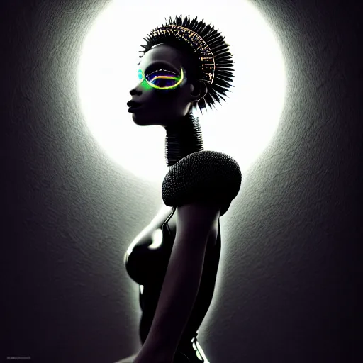 Image similar to portrait of an absurdly beautiful, graceful, sophisticated, fashionable black cyberpunk mechanoid gravure idol, hyperdetailed illustration by irakli nadar, maria borges, matt wisniewski style, intricate linework, dark black skin, neon jellyfish headdress, ivory carved ruff, unreal engine 5 highly rendered, global illumination, radiant light, detailed and intricate environment