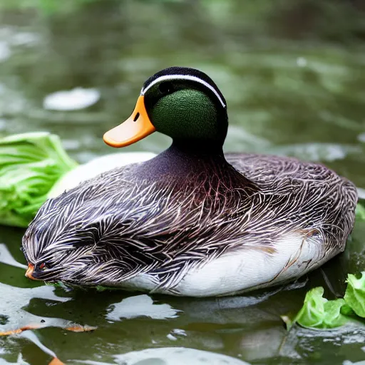 Image similar to duck in park, has skin of cabbage