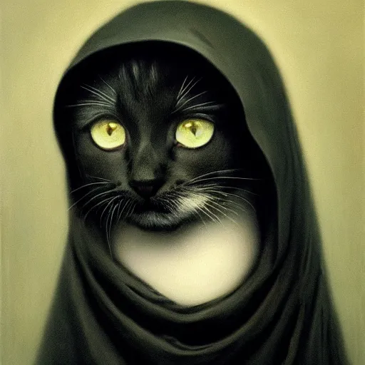 Image similar to a portrait of a kitten wearing a black hood, cloak covering face, anatomically correct, beautiful perfect face, enigmatic, oil painting, matte, black background, Volumetric dynamic lighting, Highly Detailed, Cinematic Lighting, Unreal Engine, 8k, HD, by Beksinski