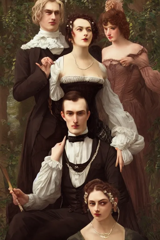 Image similar to a portrait of beautiful and handsome male Satan and his elegant beautiful wives, white eyes, bored, Dressed in Victorian fashions, illustration, soft lighting, soft details, painting oil on canvas, octane render, HDR, 4k, 8k, HD, by Edmund Blair Leighton, Brom, Charlie Bowater, trending on artstation,