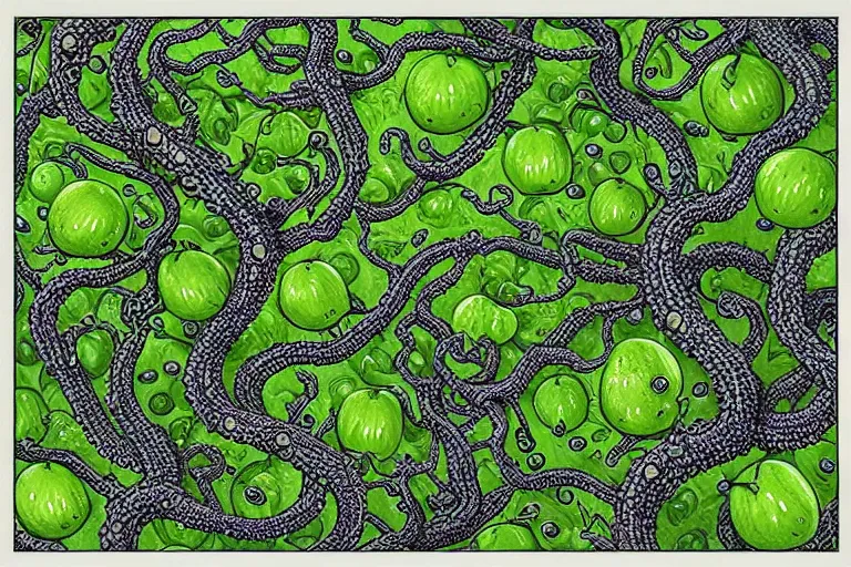 Prompt: lovecraftian eldritch lime trees covered in limes by joe fenton, 8 k, highly detailed