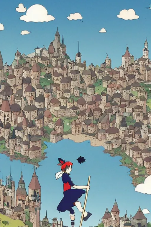 Image similar to Kiki's Delivery Service,A girl on a broomstick flying over the city sky,Medieval Cities ,geometric shapes, hard edges,by studio ghibli