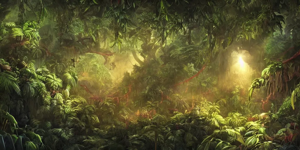 Prompt: A exhuberant tropical jungle, by studio ghibli, michelangelo and raphael, lurking glowing eyes in the dark, biopunk, dna biology experiment, hanging vines, highly detailed, overgrown vegetation, mosh on the trees, digital painting, matte painting, concept art, illustration, oppressive lighting, trending on artstation, very detailed, chiaroscuro,