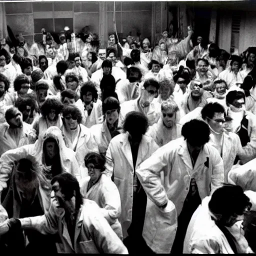 Image similar to a creepy filmic 30mm filmic wide shot ground level angle movie still color film photograph of a crowd of terrified doctors wearing lab coats trying to escape from a dangerous shape shifting alien creature with multiple mutated snarling drooling human faces and a grotesque variety of human & animal arms, legs & body parts in the style of a live action 1980s horror film, The Thing 1982