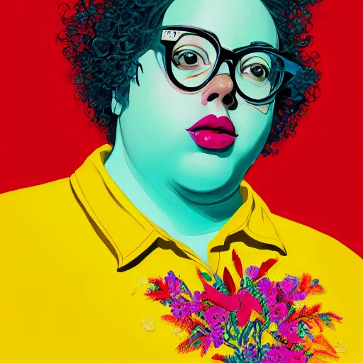 Prompt: colorful and festive cute young plus size todd solondz with tan skin, clear sharp todd solondz face, wearing yellow floral blouse. full body, rich vivid pastel colors, ambient lighting, dynamic lighting, 4 k, atmospheric lighting, painted, intricate, highly detailed by francis bacon and charlie bowater