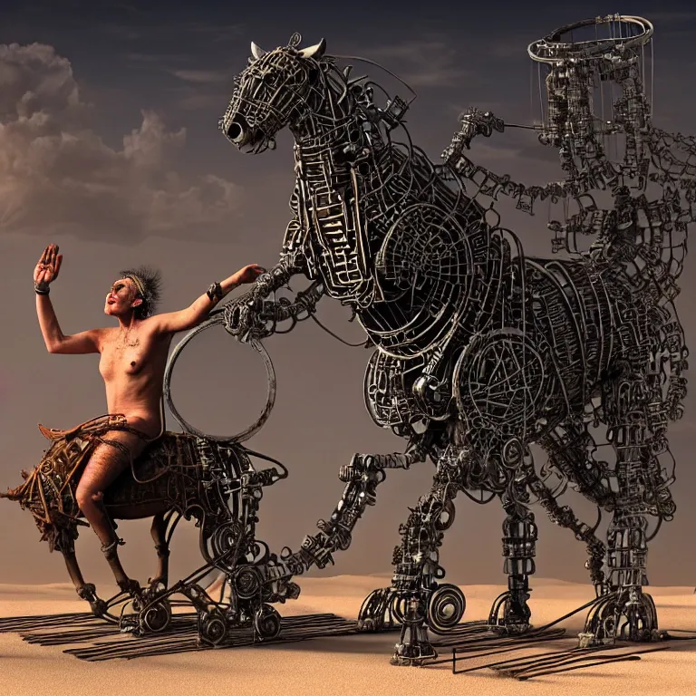 Image similar to A techno-magical shaman performs a ritual to resurrect a mechanical horse. The steel ancient ruins are covered with sand. masterpiece, fantasy art, future, cinematic, hyperdetailed, photorealistic, sigil, hyperrealism, octane rendering, 8k, depth of field, bokeh, shadows, art by Zdzisław Beksiński, Arthur Rackham, Dariusz Zawadzki