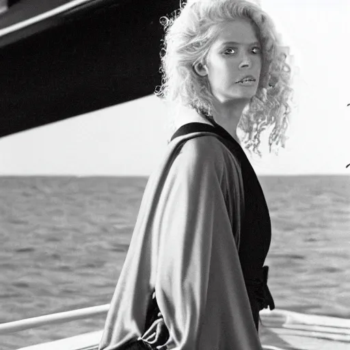 Image similar to a blonde woman in a black robe lying on the deck of a ship, a beautiful english woman with a long face narrow nose pale skin blue eyes red lips and wild messy tangles of curly white blonde hair, high resolution film still wearing a black robe and skull necklace and holding a spear, sandy, a journey to the west