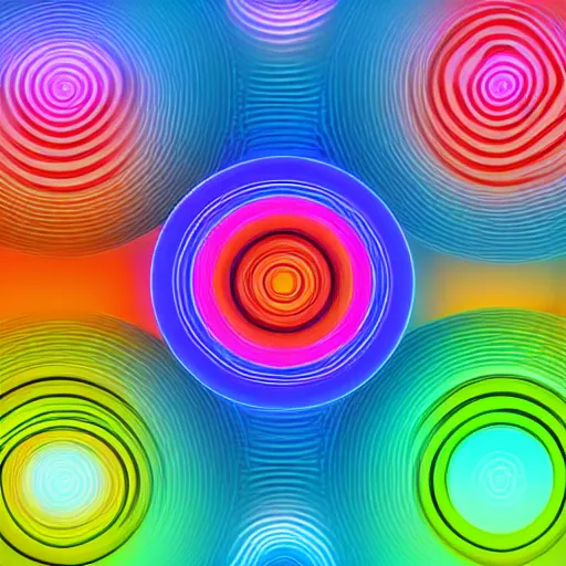 Prompt: creative coding digital illustration of multiple overlapping brightly coloured wobbly blobs blending their colours, irradiating their colours in all directions