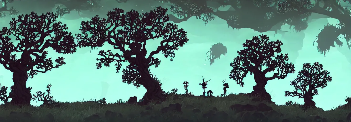 Prompt: distant ancient gnarled tree silhouettes, parallax layer from a gorgeous indie platform game