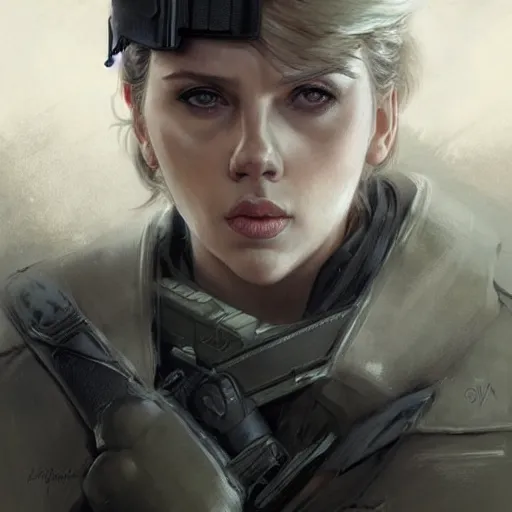 Prompt: old solid snake played by by scarlett johansson, military art, face portrait, hd shot, digital portrait, elegant, beautiful, fantasy art, artstation, comic style, by artgerm, guy denning, jakub rozalski, magali villeneuve and charlie bowater