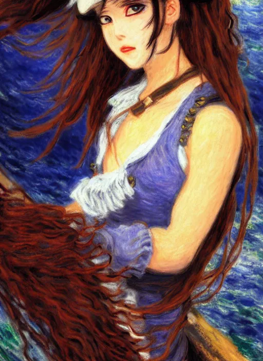 Prompt: a portrait of a female pirate, very anime in impressionist style, trending artwork, 4 k, anime painter studio, by claude monet