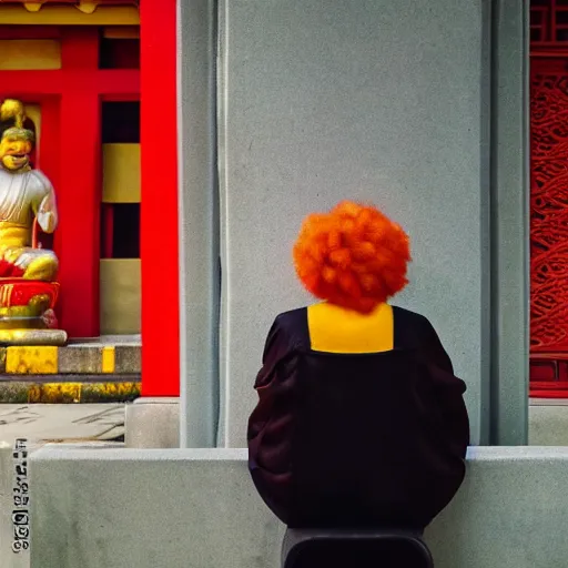 Image similar to ronald mcdonald contemplating the dawn of a new day inside an asian temple