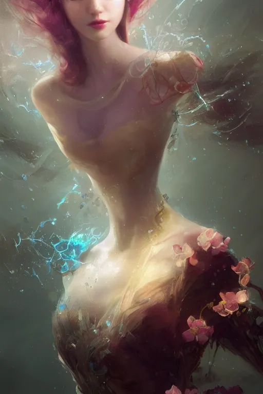 Image similar to face closeup beautiful girl fairy wearing velvet dress floating on water, 3 d render, holding electricity, hyper realistic detailed portrait, ruan jia, wlop, fantasy, hyper detailed, octane render, concept art, peter mohrbacher