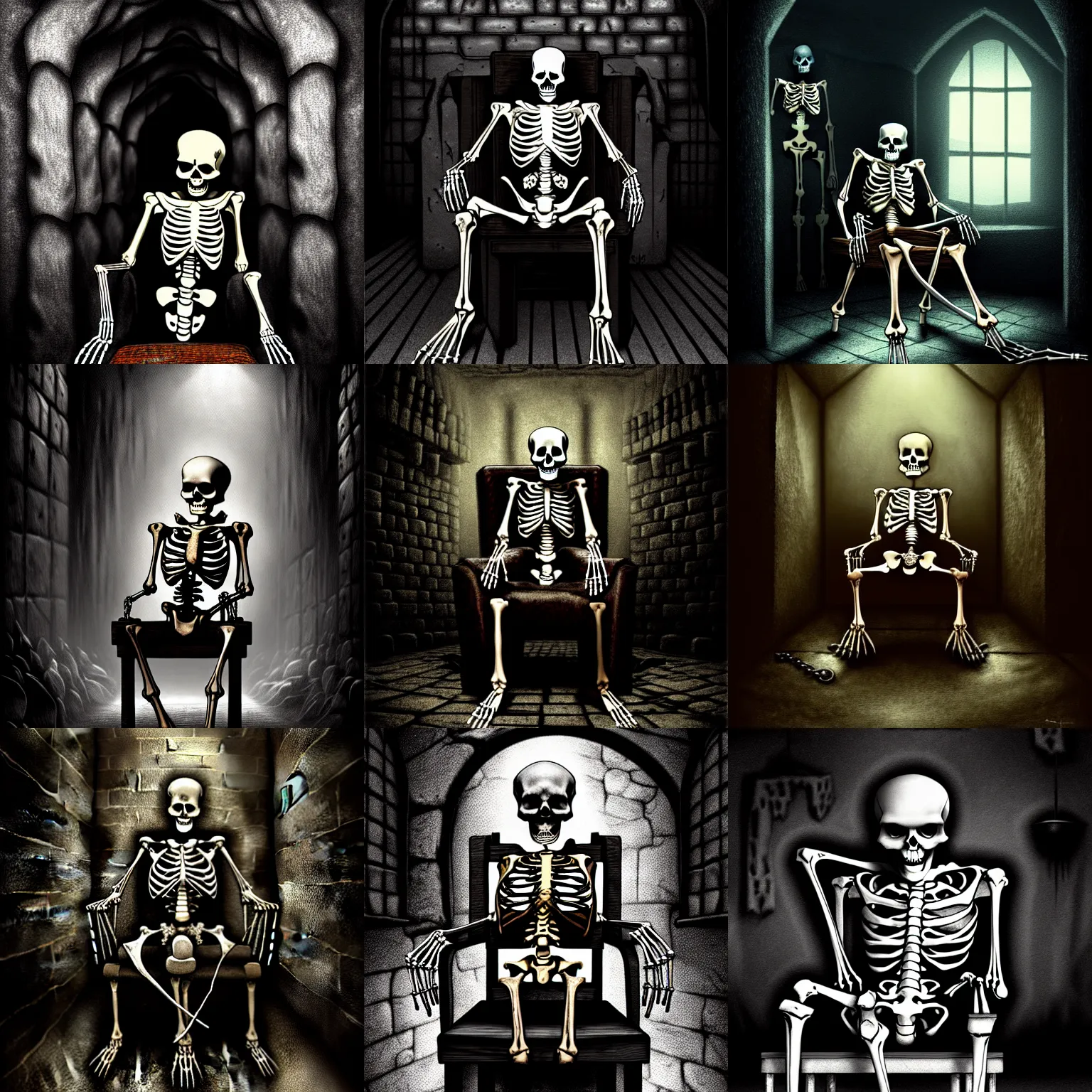 Prompt: a skeleton chained to the chair in a dungeon, dark, detailed, sharp, digital art, surreal, featured on artstation, HD, 8K, highly detailed, masterpiece