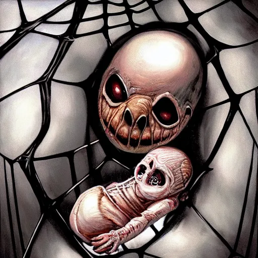 Image similar to Horror spider eating a human baby in its web realistic painting ultra detailed horror UHD 4k