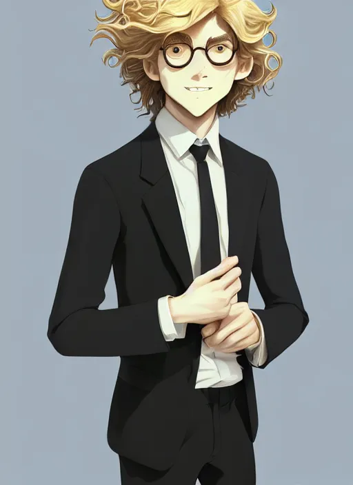 Image similar to young man with medium - length, curly, golden hair, perfectly proportioned face, aquamarine eyes, sweet smile, wearing a black suit, natural lighting, path traced, highly detailed, high quality, cartoon, digital painting, by new haicheng and studio ghibli