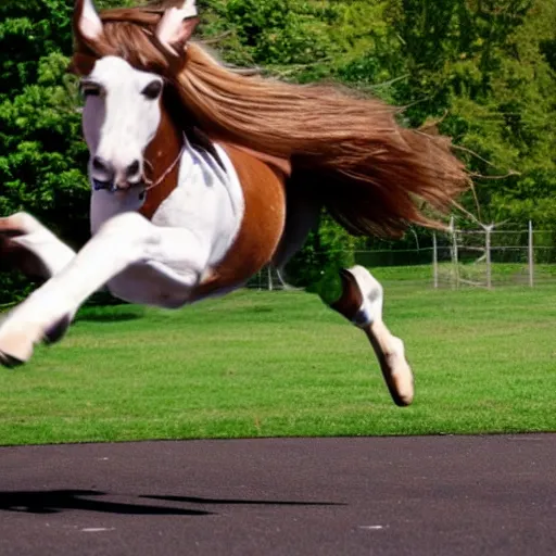 Image similar to a white boy with long brown hair in a pony tail, green eyes, jumping.