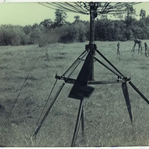 Image similar to old polaroid depicting a martian tripod walker from war of the worlds, at a clearing, in the distance