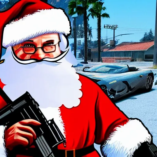 Prompt: Santa holding an ak-47 in the style of gta V cover art